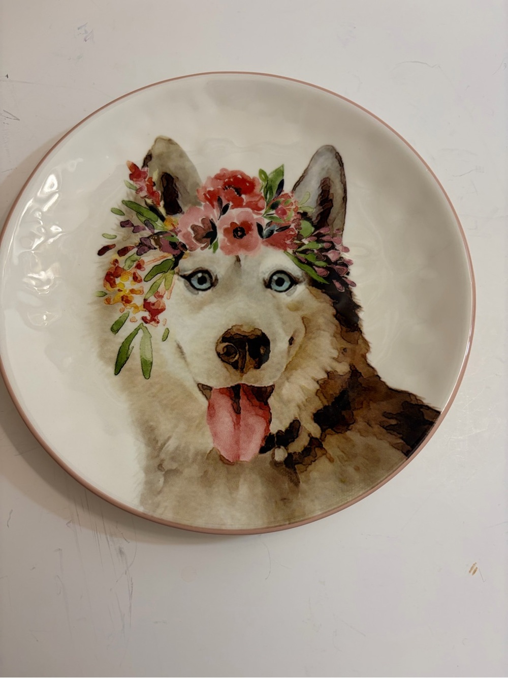 Pier one imports dolomite salad plate watercolor husky with floral crown